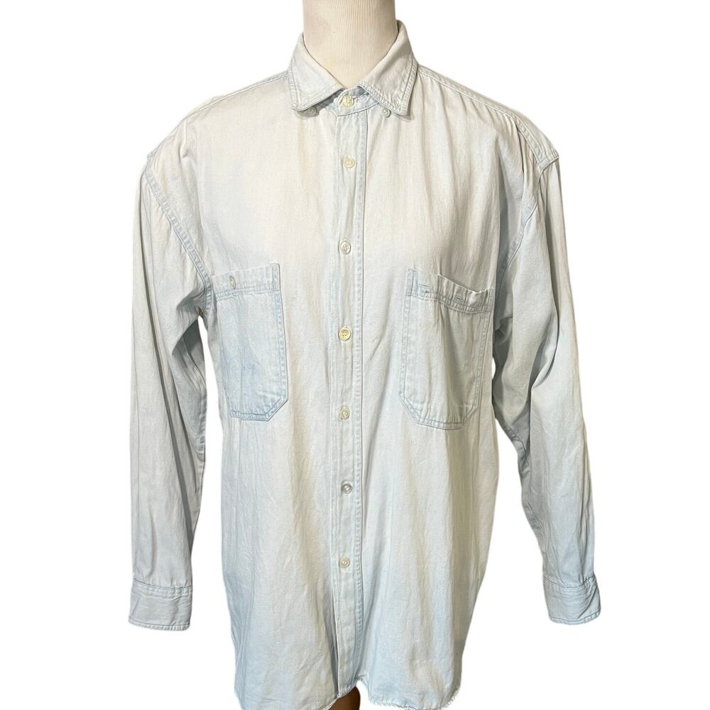 Men's Robert Stock denim button down light wash shirt double pockets 100% cotton